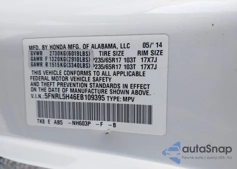 2014 Honda Odyssey Ex z USA, uszkodzony, nr VIN 5FNRL5H46EB109395